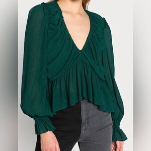 Free People Daia Deep Green‎ Long Sleeve Ruffled Blouse V Neck - Small
